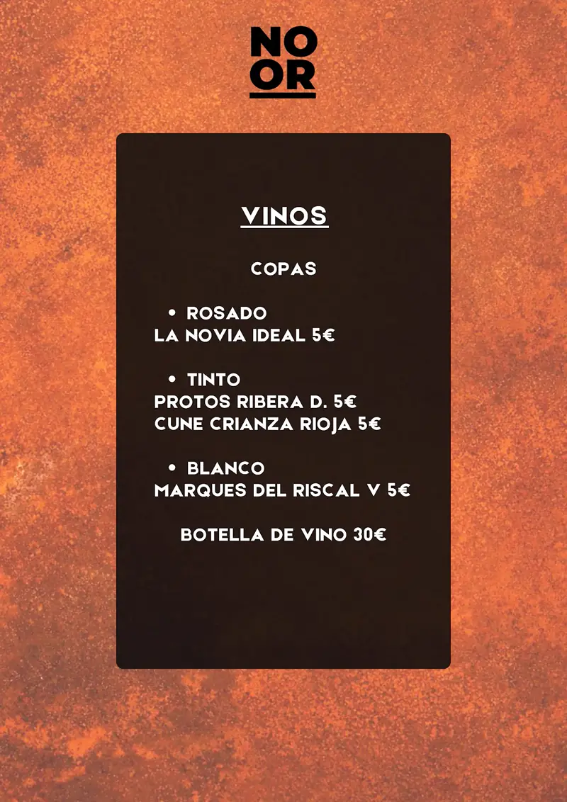 Carta de vinos de NOOR, shisha lounge en Valencia